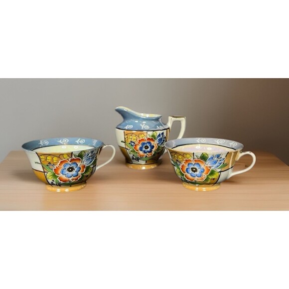 Vtg Japan Lusterware Blue Peach Raised Floral Teacups & Creamer Lot of 3 - Picture 6 of 8